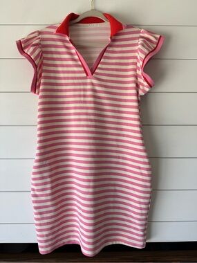 Amazon Pink and White Striped Mini Dress with Red Collar